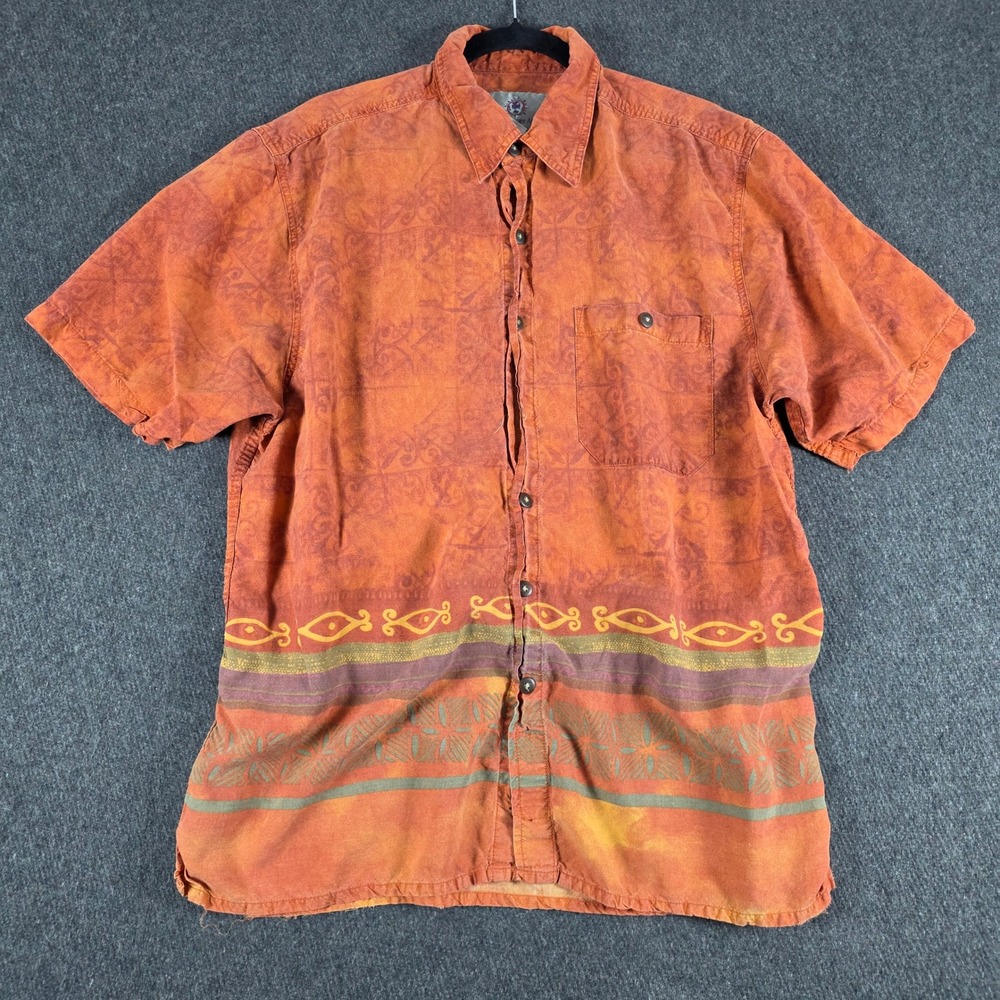 The Territory Ahead Mens Large Orange Tribal Batik Lyocell Rayon SS Button Shirt